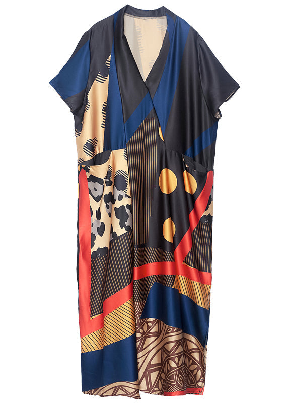 Art V Neck Print Side Open Chiffon Long Dress Summer