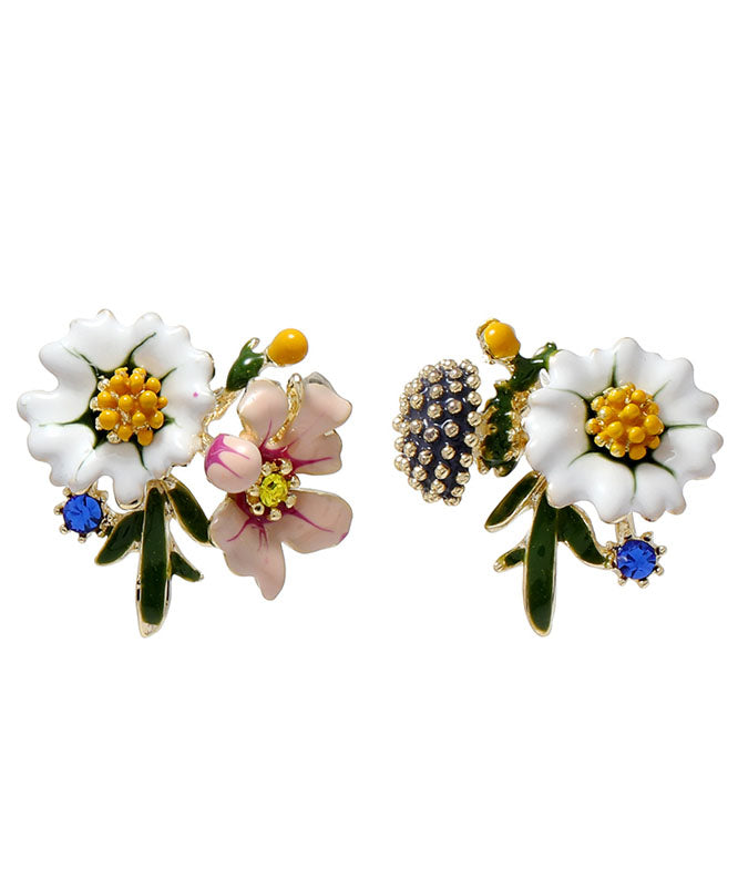 Art White Alloy Asymmetric Design Drip Glaze Chrysanthemum Stud Earrings