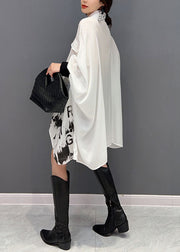 Art White Asymmetrical Oversized Print Chiffon Shirt Top Batwing Sleeve