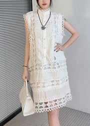 Art White Button Hollow Out Lace Dress Sleeveless