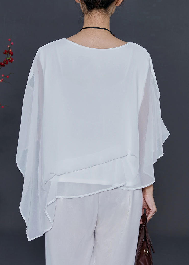 Art White Cold Shoulder Asymmetrical Design Chiffon Top Summer