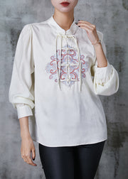 Art White Embroidered Chinese Button Silk Blouse Top Spring