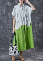 Art Green Oversized Patchwork Pockets Cotton Shirt Dresses Summer