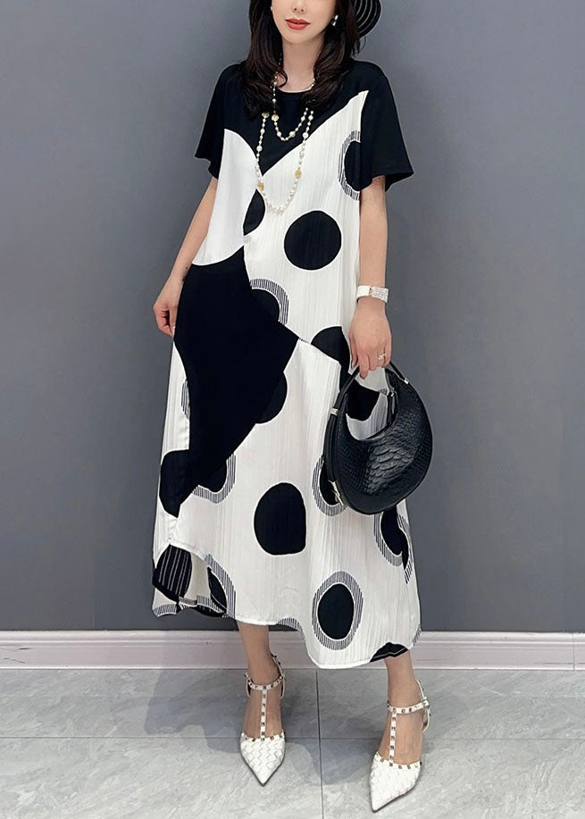 Art White O Neck Dot Print Patchwork Cotton Dresses Summer