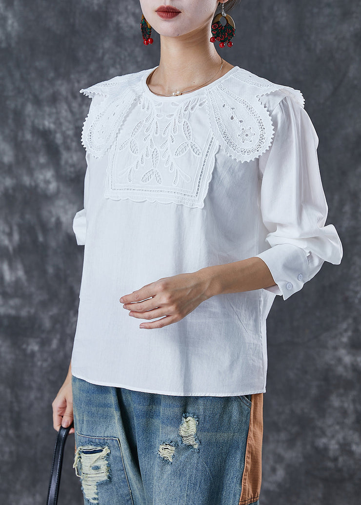 Art White O-Neck Lace Patchwork Cotton Shirt Top Fall