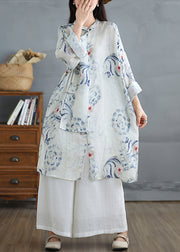 Art White Oversized Print Linen Oriental Dress Fall