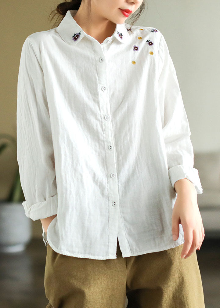 Art White Peter Pan Collar Embroideried Cotton Shirt Spring