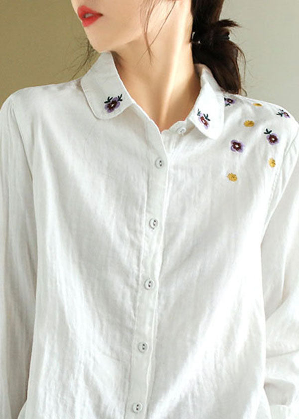 Art White Peter Pan Collar Embroideried Cotton Shirt Spring