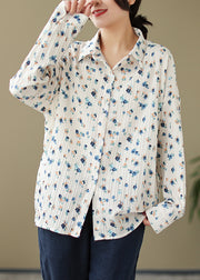 Art White Peter Pan Collar Print Cotton Shirts Fall