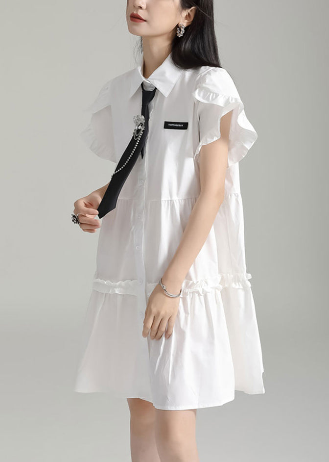 Art White Peter Pan Collar Ruffled Patchwork Cotton Shirts Dress Summer