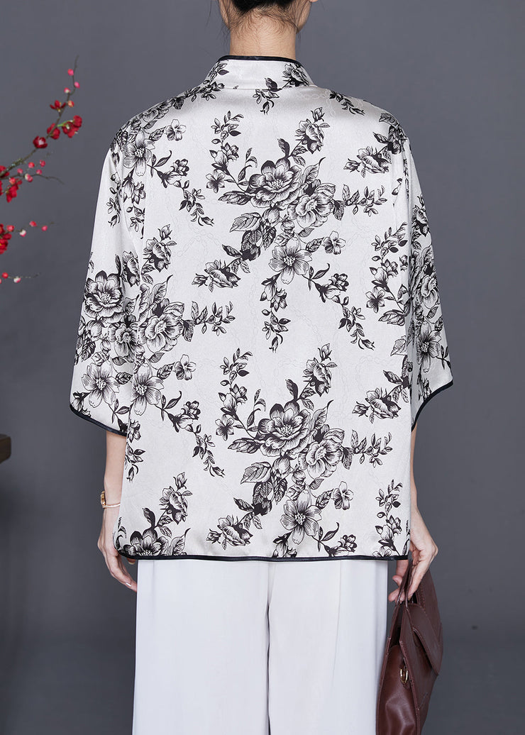 Art White Print Slim Fit Silk Blouses Summer