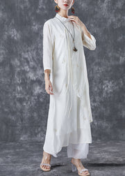 Art White Ruffled Embroideried Tassel Cotton Long Dress Summer