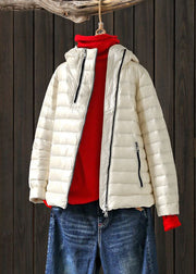 Art White Stand Collar Hooded Zip Up Pockets Duck Down Puffer Jacket Winter