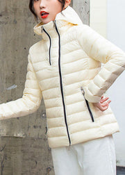 Art White Stand Collar Hooded Zip Up Pockets Duck Down Puffer Jacket Winter