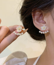 Art White Sterling Silver Alloy Pearl Floral Stud Earrings