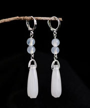 Art White Sterling Silver Jade Orchid Crystal Drop Earrings