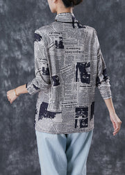 Art White Turtle Neck Newspaper Print Warm Fleece Shirt Winter