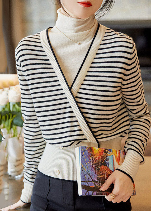 Art White Turtle Neck Patchwork Striped Knit Fake Two Piece Sweaters Spring