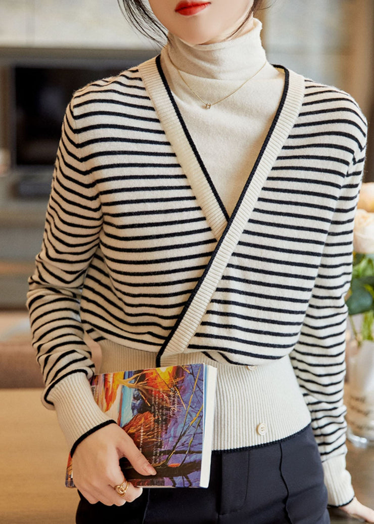 Art White Turtle Neck Patchwork Striped Knit Fake Two Piece Sweaters Spring