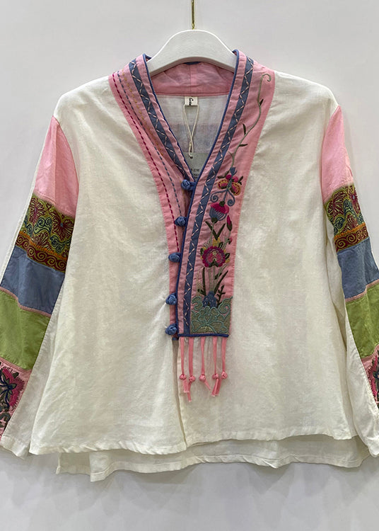 Art White V Neck Embroideried Floral Button Linen Top Long Sleeve