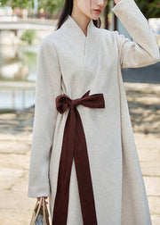 Art White V Neck Patchwork Tie Waist Woolen Dress Spring