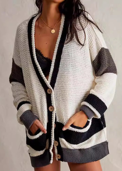 Art White V Neck Striped Button Knit Loose Coat Fall