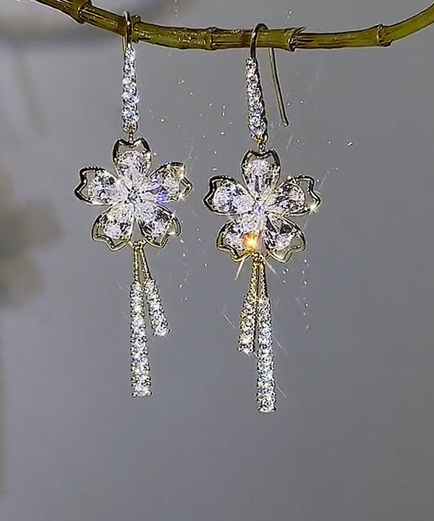 Art White Zircon Floral Bow Tassel Drop Earrings