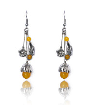 Art Yellow Agate Flower Tassel Silver Drop Earrings