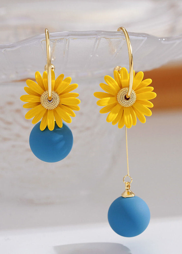 Art Yellow Daisy Asymmetrical Design Metal Drop Earrings