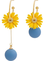 Art Yellow Daisy Asymmetrical Design Metal Drop Earrings