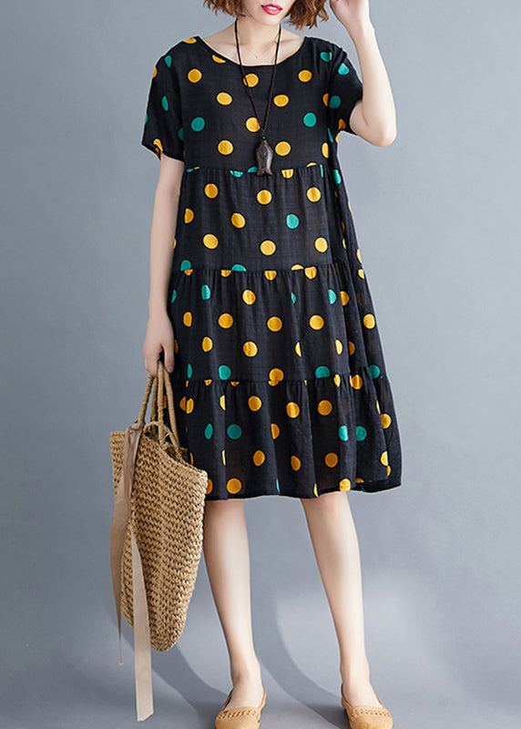 Art Yellow Dot Print Patchwork Holiday Mid Dress Short Sleeve