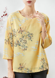 Art Yellow Dragon Print Nail Bead Linen Shirt Tops Spring