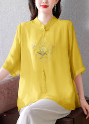 Art Yellow Embroidered Chinese Button Silk Top Half Sleeve