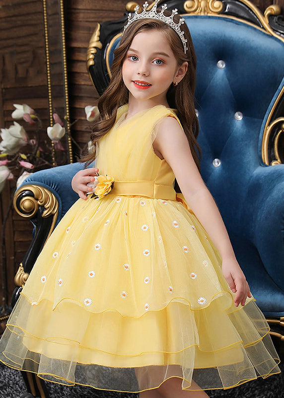 Art Yellow Embroideried Daisy Tulle Baby Girls Party Dress Summer