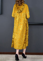 Art Yellow Hooded Embroideried Patchwork Silk Dress Spring