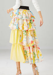 Art Yellow Layered Patchwork Ruffles Cotton Skirt Summer