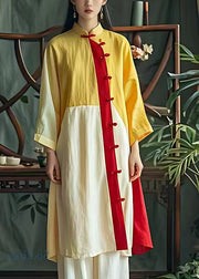 Art Yellow Mandarin Collar Patchwork Linen Oriental Dress Summer