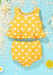 Art Yellow O-Neck Dot Print Patchwork Girls Swimsuit Two Piece Set Summer