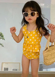 Art Yellow O-Neck Dot Print Patchwork Girls Swimsuit Two Piece Set Summer