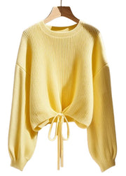 Art Yellow O Neck Lace Up Solid Knit Sweater Fall