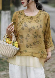 Art Yellow O Neck Print Organza Patchwork Linen Top Summer