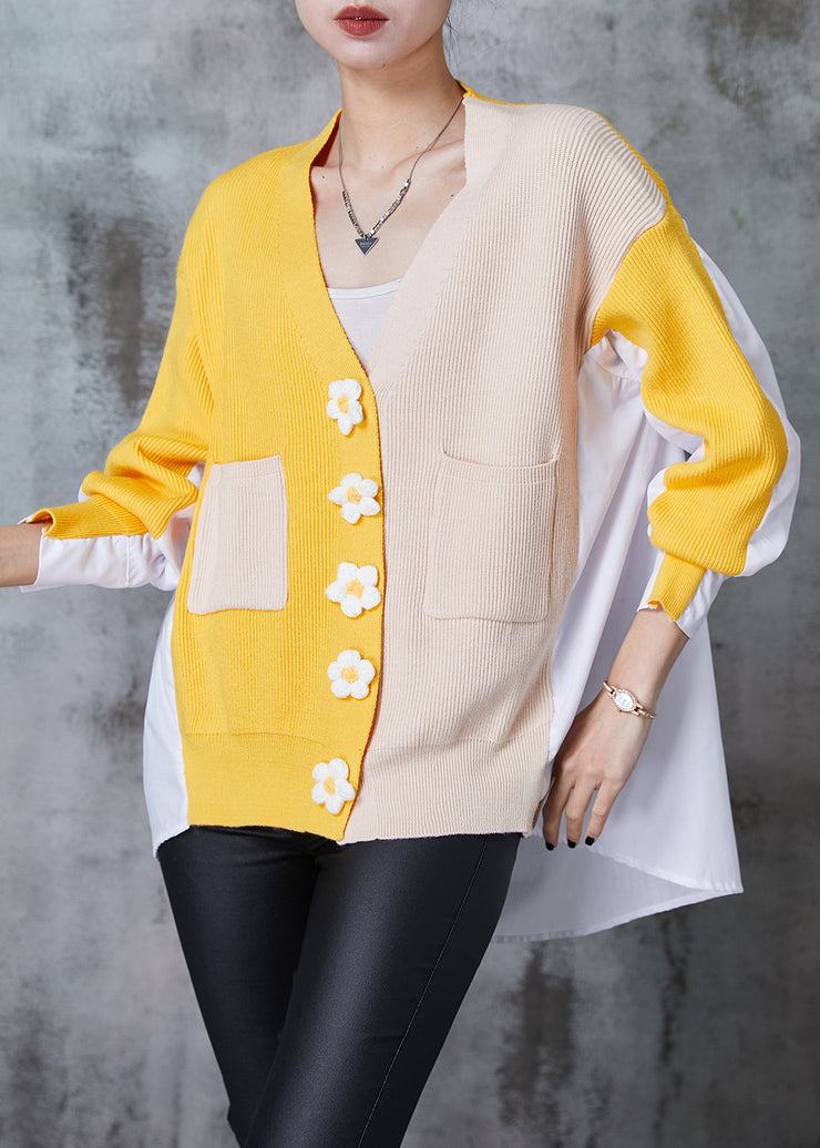 Art Yellow Oversized Patchwork Floral Knit Tops Spring