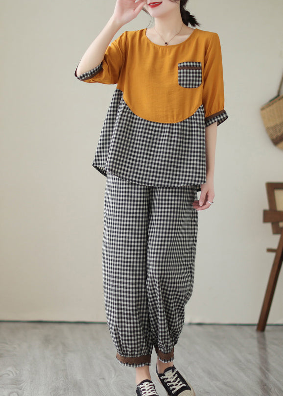 Art Yellow Oversized Patchwork Plaid Cotton Two Piece Set Women Clothing Summer