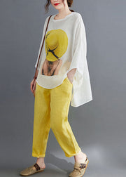 Art Yellow Oversized Print Cotton Two Piece Suit Set Batwing Sleeve