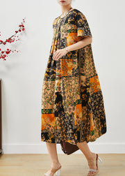 Art Yellow Oversized Print Silk Holiday Dress Summer