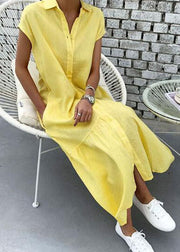 Art Yellow Peter Pan Collar Wrinkled Patchwork Cotton Shift Dress Summer