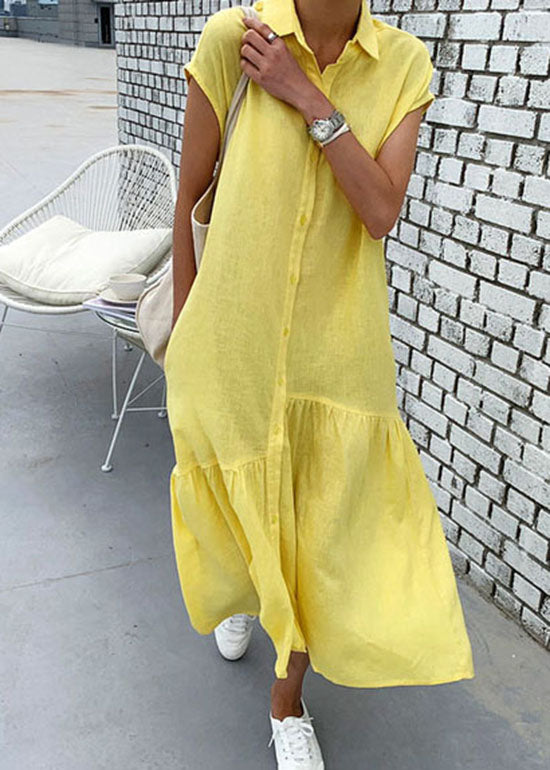 Art Yellow Peter Pan Collar Wrinkled Patchwork Cotton Shift Dress Summer