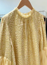 Art Yellow Ruffled Jacquard Patchwork Silk Dress Puff Sleeve