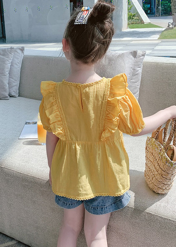 Art Yellow Ruffled Patchwork Girls Top Short Sleeve