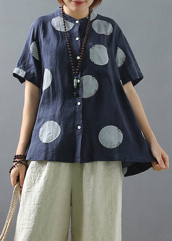 Art Yellow Stand Collar Dot Button Low High Design Shirts Short Sleeve